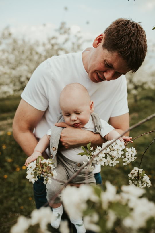 sesja rodzinna w kwitnącym sadzie wiśniowym