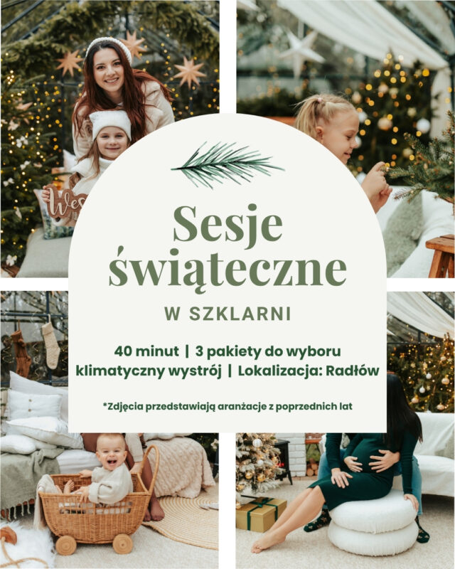 Sesje świąteczne 2026 🙂 Zapisy ruszają 20 września o 20:00
Święta mają w sobie coś, co chciałoby się zatrzymać na dłużej. 
Wspólne chwile, dziecięcy śmiech, przytulanie, małe rączki i ten wyjątkowy czas, kiedy trochę zwalniamy i jesteśmy po prostu razem.
W listopadzie zapraszam Was na sesje świąteczne w mojej szklarni. 🎄
Przygotuję dla Was przytulną, elegancką przestrzeń, pełną choinek, światełek i świątecznych detali. Chcę, żeby było pięknie, ale przede wszystkim żebyście czuli się swobodnie i mogli skupić się na sobie. Aranżacja powstanie w połowie października, ale mam nadzieję, że jeśli dotychczasowe realizacje Wam się podobały, ta również Was nie zawiedzie 😉
Sesje świąteczne odbędą się w listopadzie.
Liczba miejsc będzie ograniczona.
Jeśli chcecie mieć w tym roku swoje świąteczne kadry wypatrujcie rozpoczęcia rezerwacji. Strona rezerwacyjna dostępna będzie pod linkiem już 20 września o godzinie 20:00
📍Miejsce: Szklarnia w Radłowie 63-440
📅 listopad 2026
🎄 szczegóły i zapisy: znajdziecie w linku w komentarzu
Do zobaczenia w szklarni. 🤎